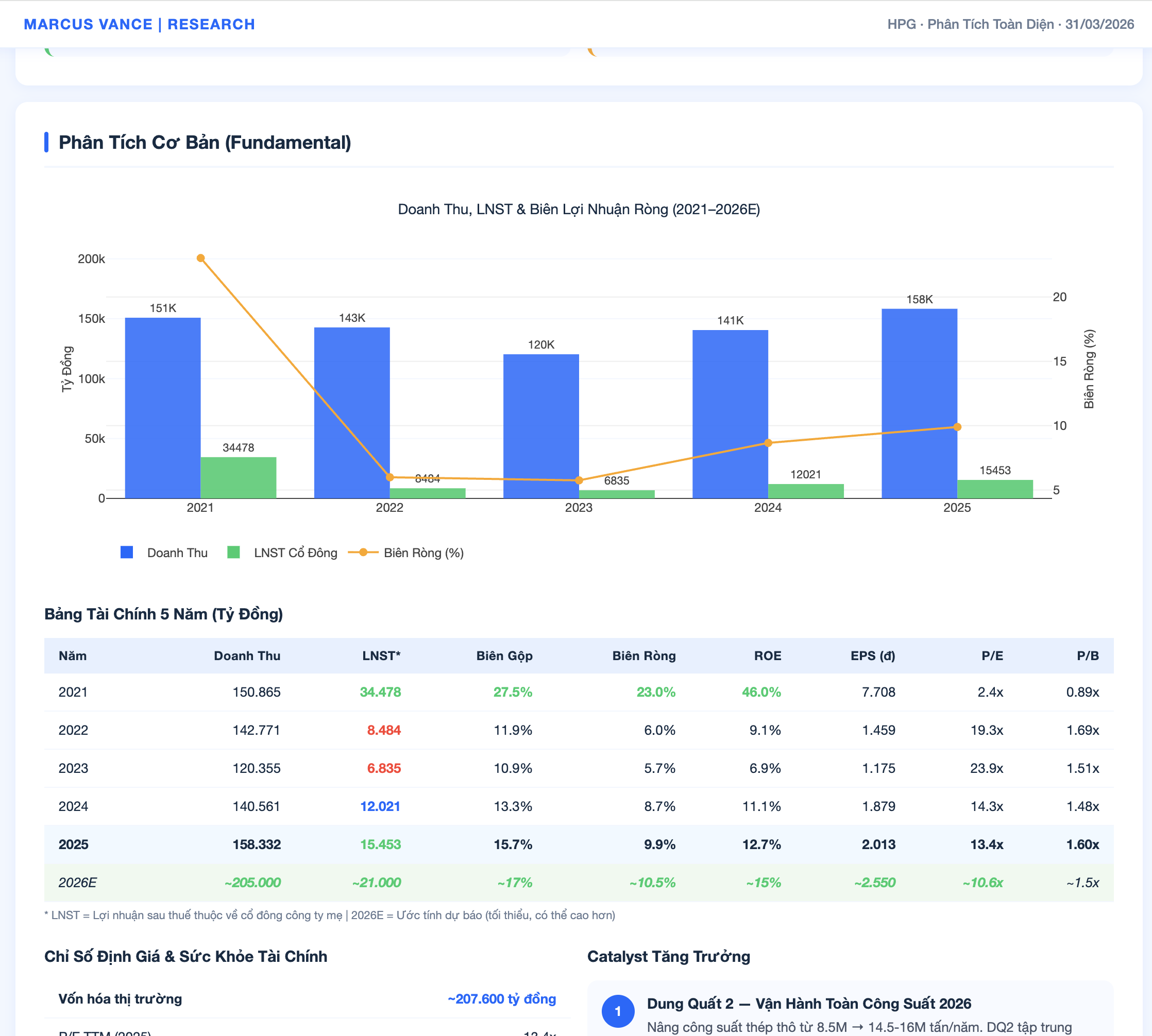 HPG stock fundamental analysis report — revenue chart, net profit, margins, ROE, P/E, P/B financial table, catalyst analysis